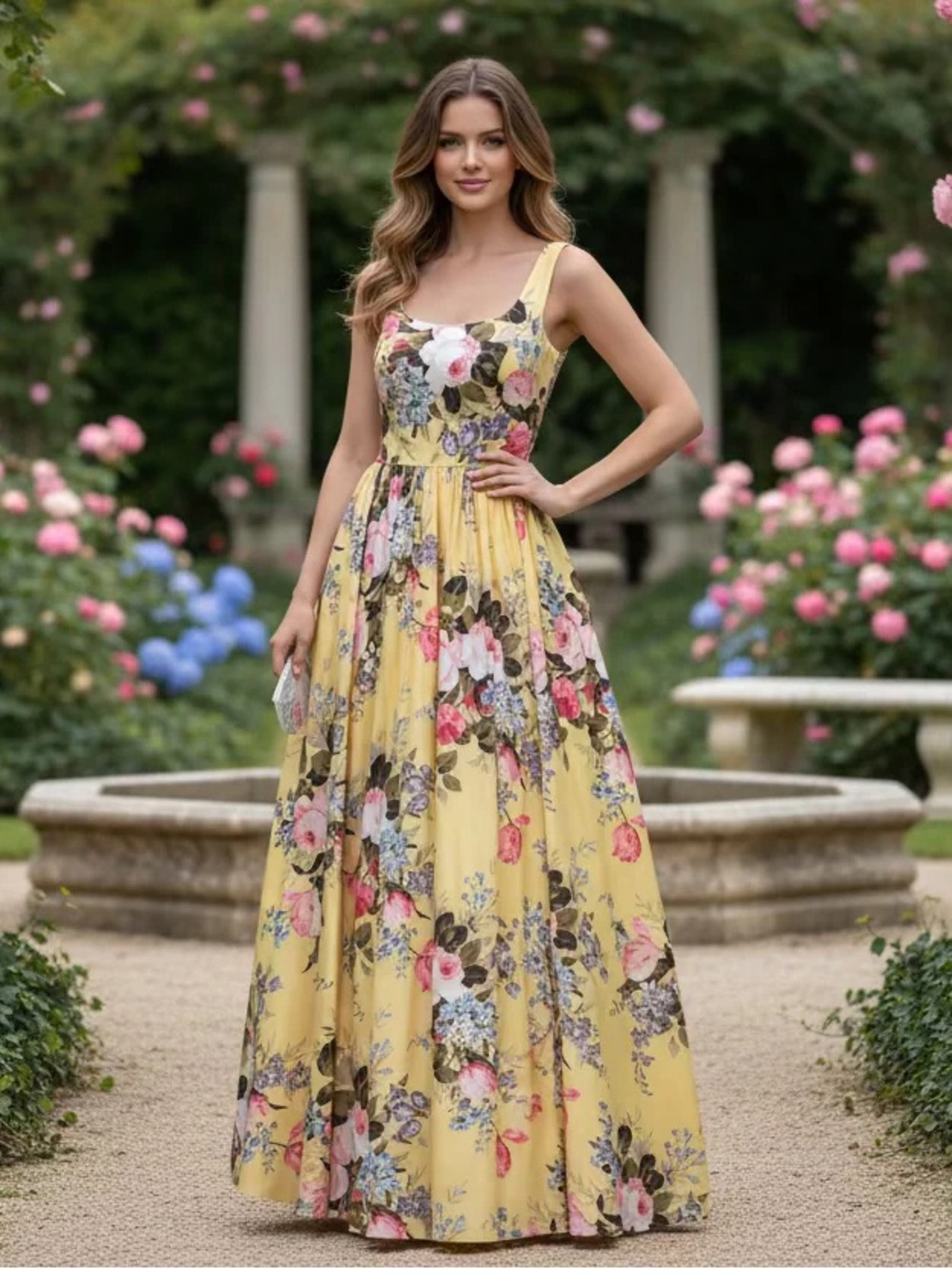 Sherri Hill Yellow Floral Maxi Dress with Scoop Neck